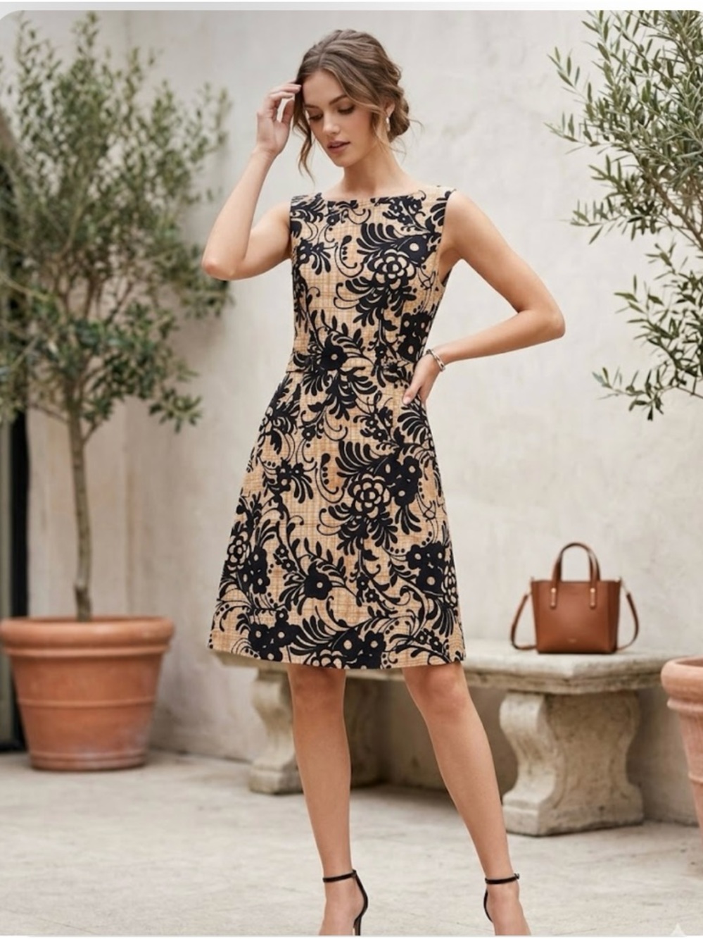 Tabitha Sleeveless Black Floral Lace-Effect Tan A-Line Dress